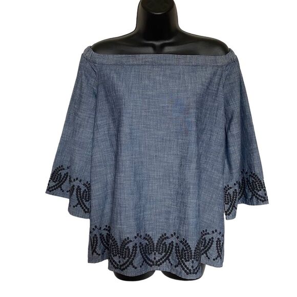 Calvin Klein 100% Cotton Embroidered Off the Shoulder Top Blouse Blue Sz M NWT - Picture 1 of 11